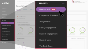 Educator account in Xello. The Reports menu is open and the cursor is clicking Reports hub